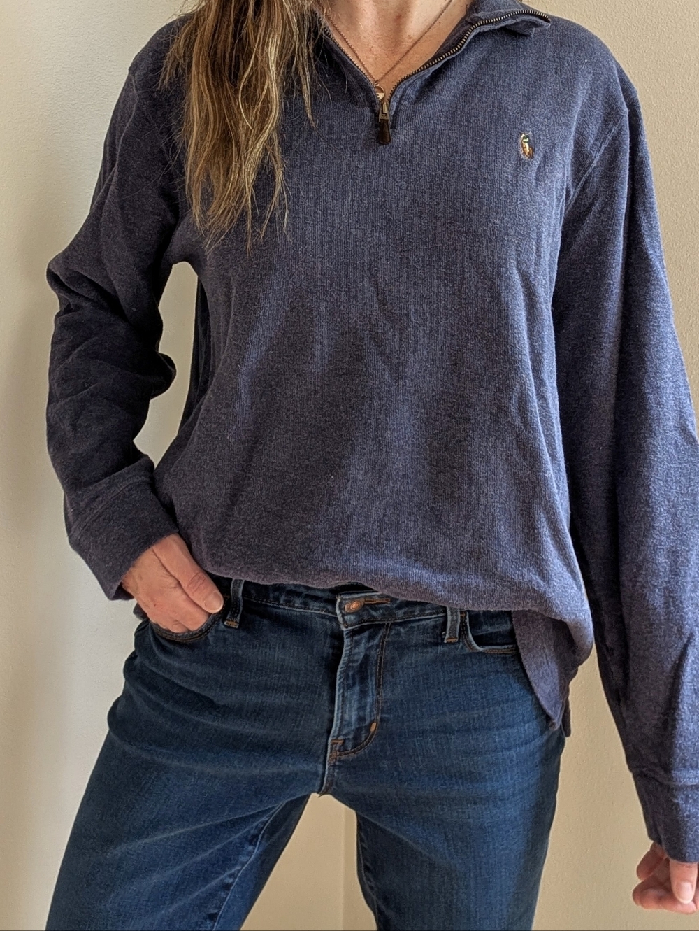 Vintage Polo Ralph Lauren Embroidered Logo Quarter Zip Henley In Blue/Plum